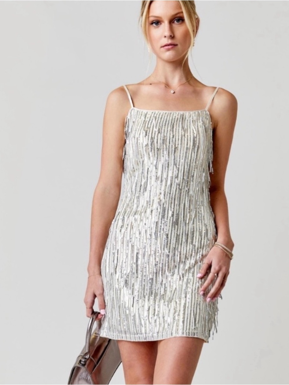 TRIXXI Cream Sequin Fringe Mini Dress